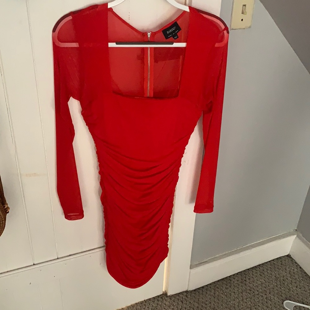 BARDOT Sheer Long Sleeve Red Dress